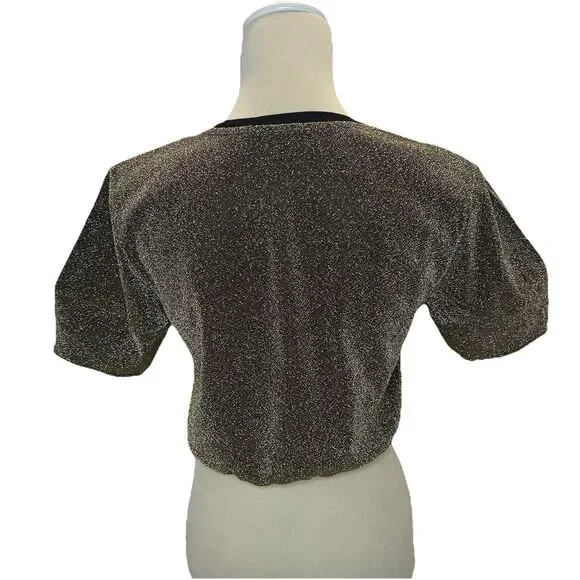 Forever 21 Gold Shimmer Puff Sleeve Crop Top Dress Shirt Size S Sparkle Glam - Picture 7 of 12